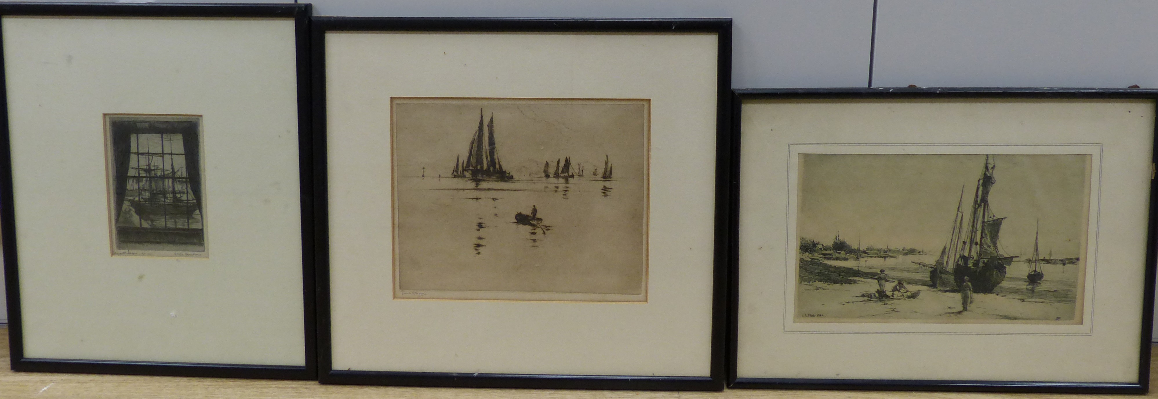 Frank Henry Mason (1875-1965) etching, Fishing smocks at sea, signed lower left, 18 x 22.5cm and two other etchings